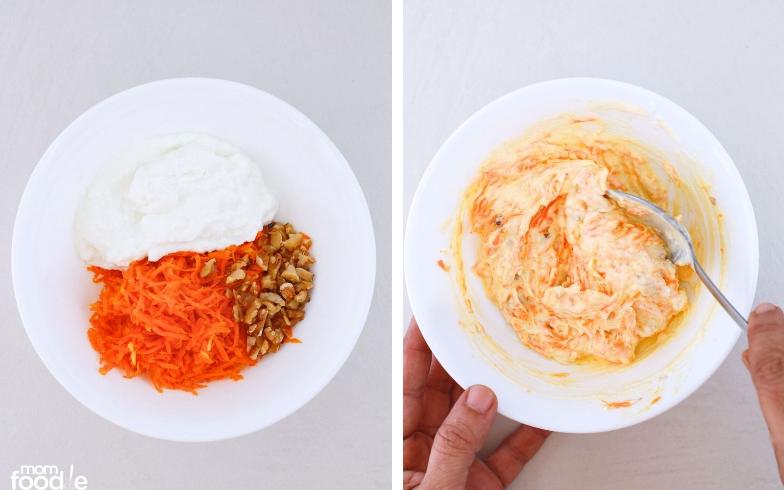 mixing cooked shredded carrots with yogurt and walnuts