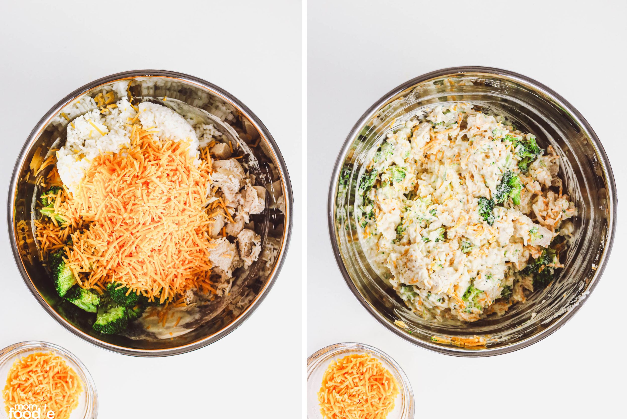 mixing shredded cheese, chicken and broccoli into the sauce
