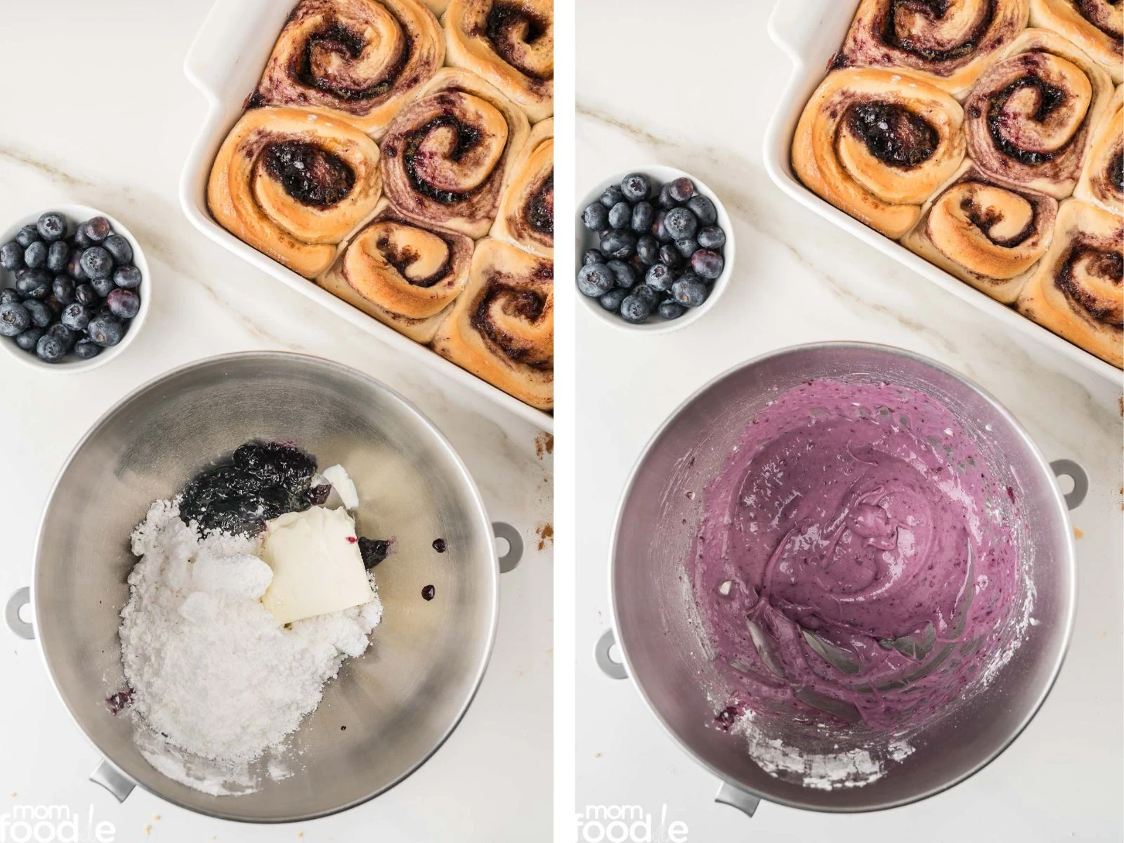 mixing the blueberry cream cheese frosting for the rolls