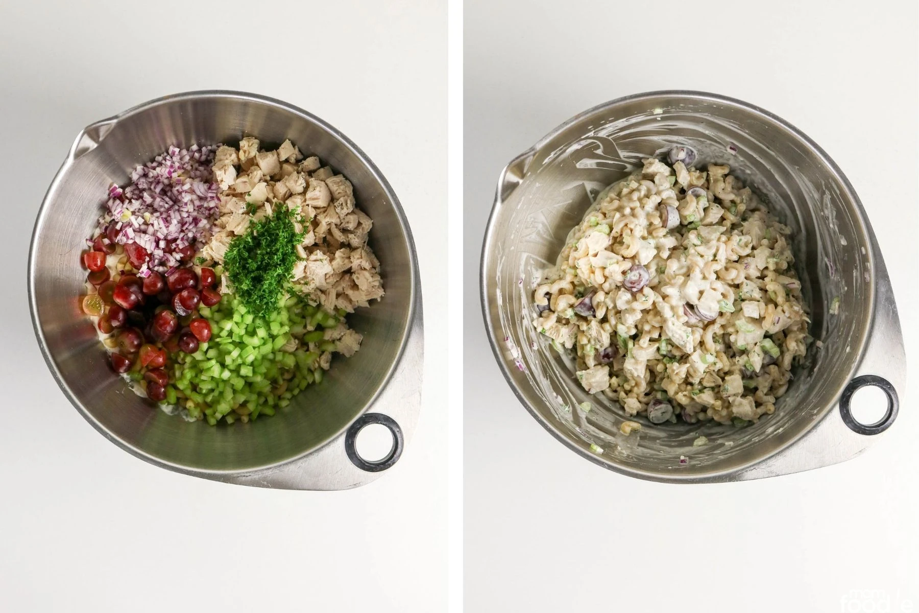 mixing the chicken salad pasta salad