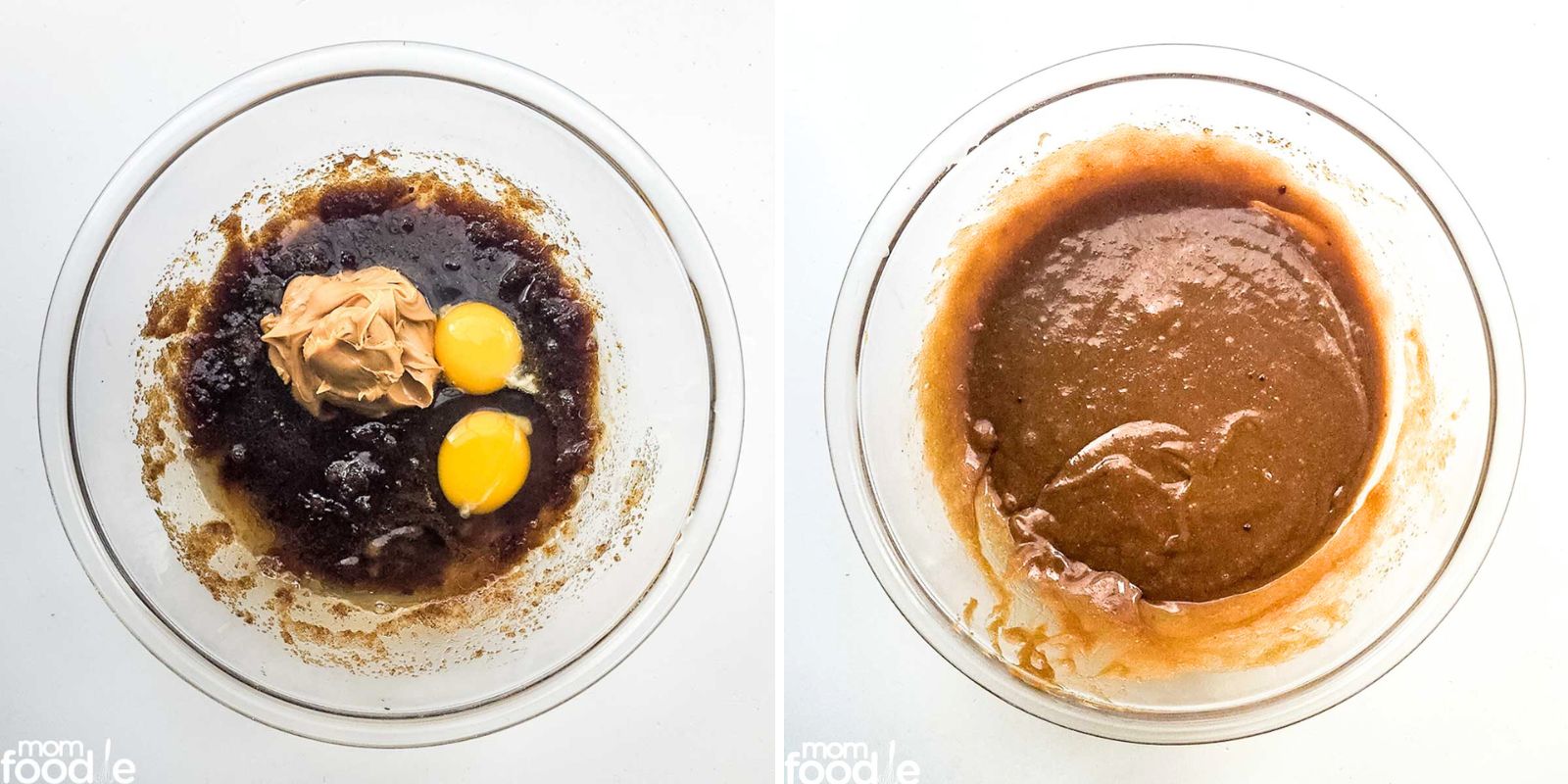  left: peanut butter, eggs and vanilla poured over mixture of melted butter and brown sugar
right: the smooth mixture after whisking wet ingredients together
