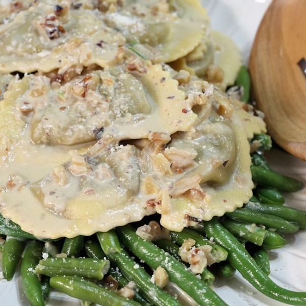 Mushroom Agnolotti & Green Beans in Creamy Walnut Sauce Recipe Mom Foodie