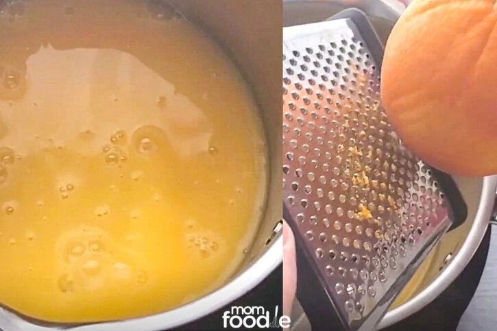 orange juice mixture and grating orange zest into a pan on stove.