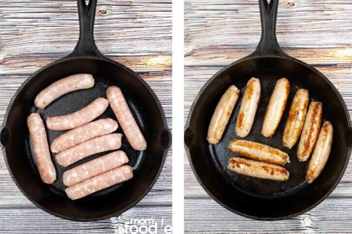 pan frying sausage in cast iron skillet.
