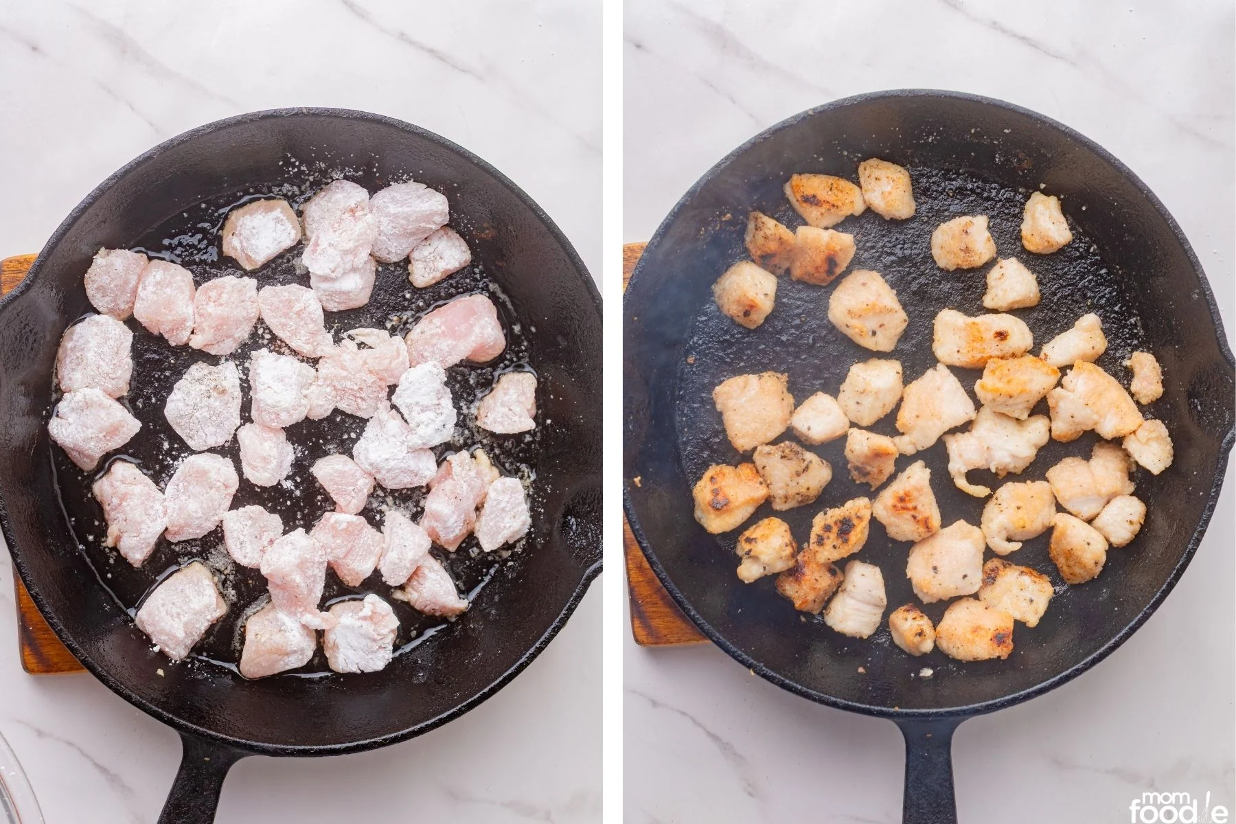 pan frying the coated chicken in skillet until crisp