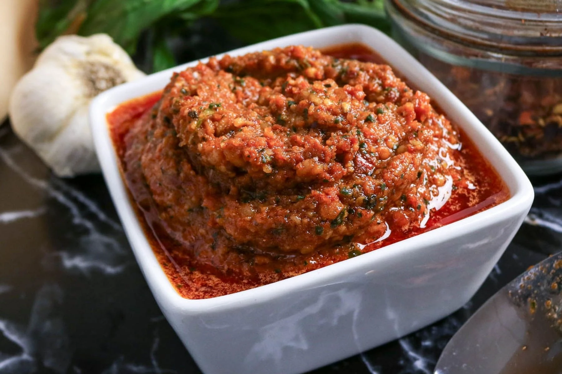 pesto rosso in serving dish