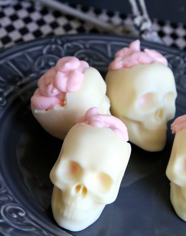 pink brain mousse in chocolate skulls