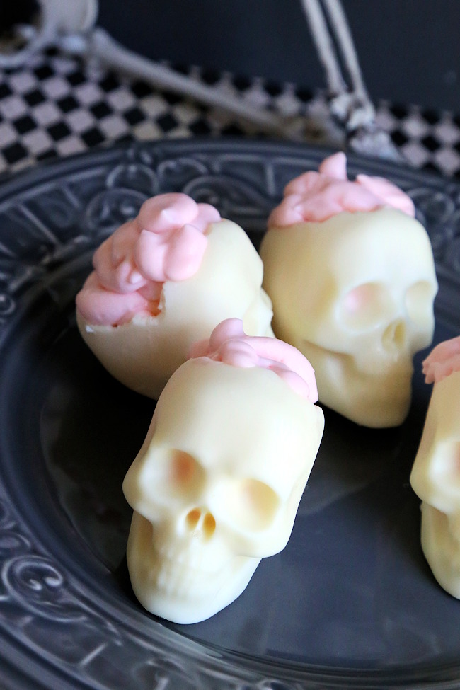 pink brain mousse in chocolate skulls