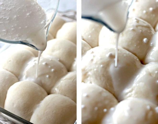 pouring sauce on rolls in baking dish.