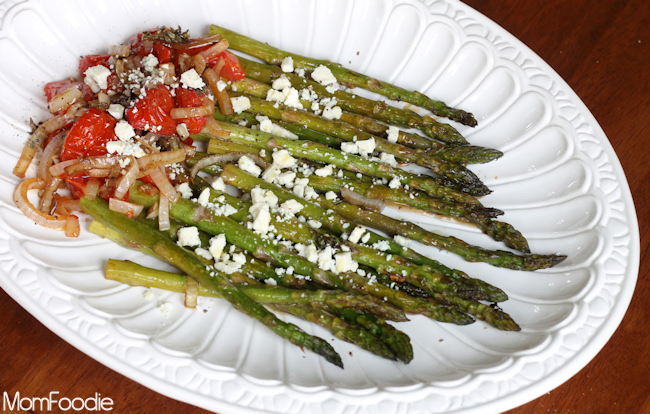 roasted asparagus and tomatoes with blue cheese