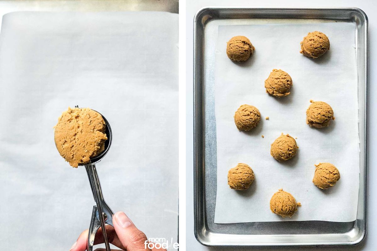 scooping cookie dough balls and placed on cookie sheet.