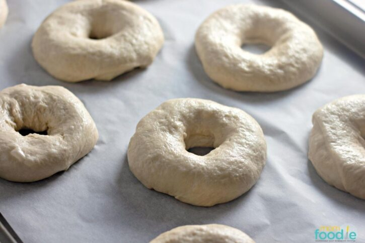 shaped bagel dough on parchment paper