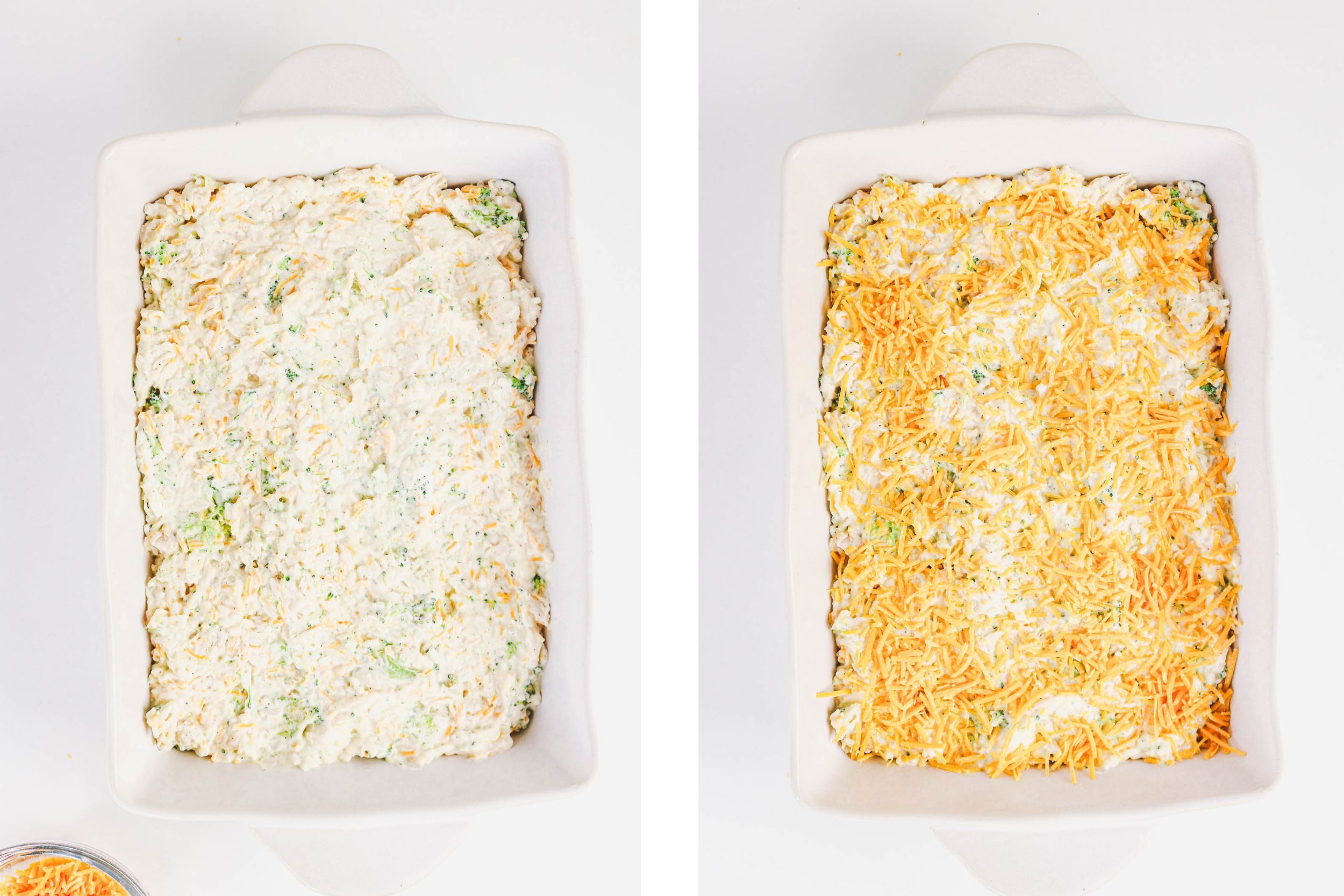 spread out chicken mixture in baking dish and top with shredded cheese