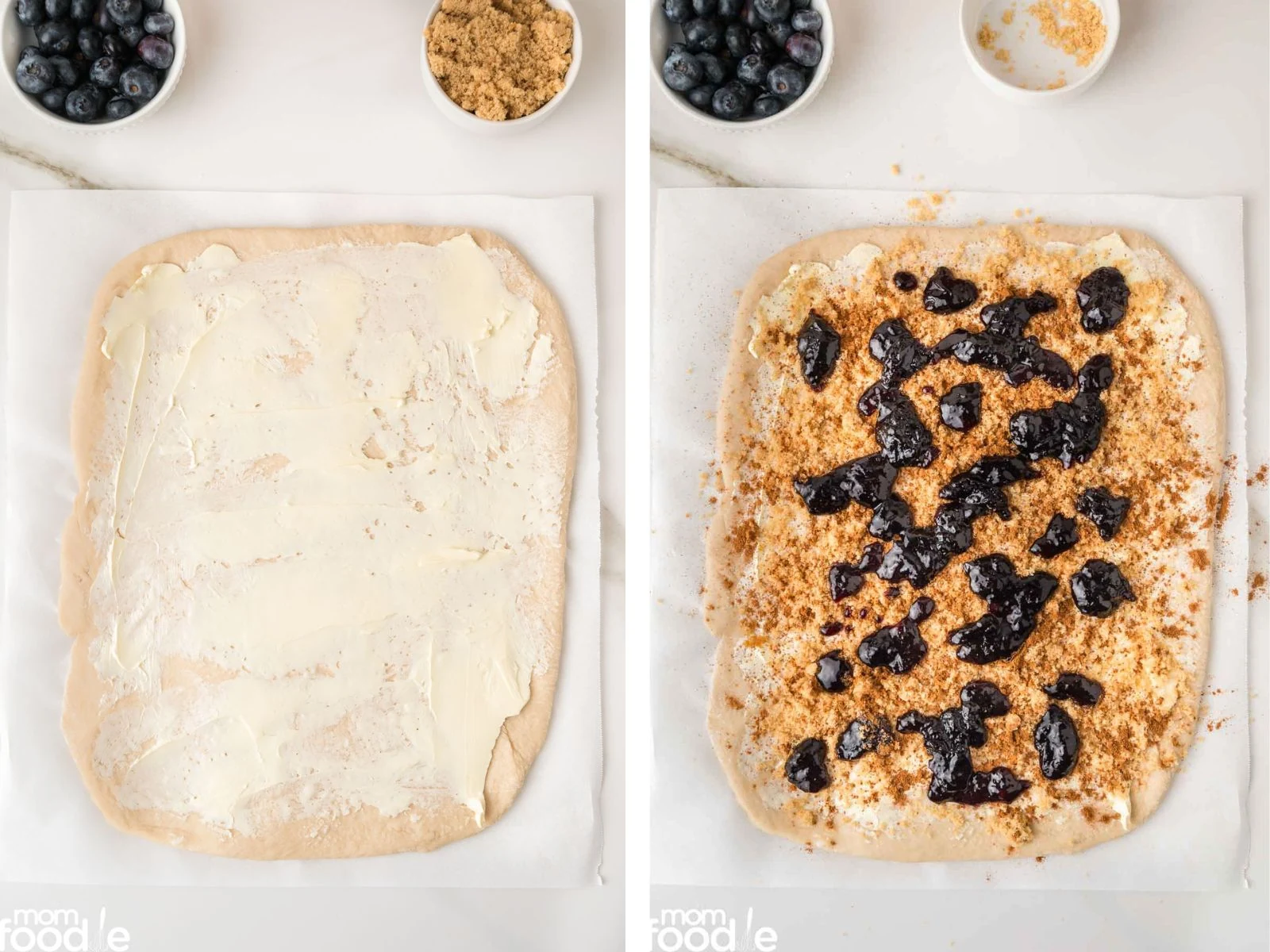 spread softened butter over rolled out dough then top with cinnamon, brown sugar and blueberry jam