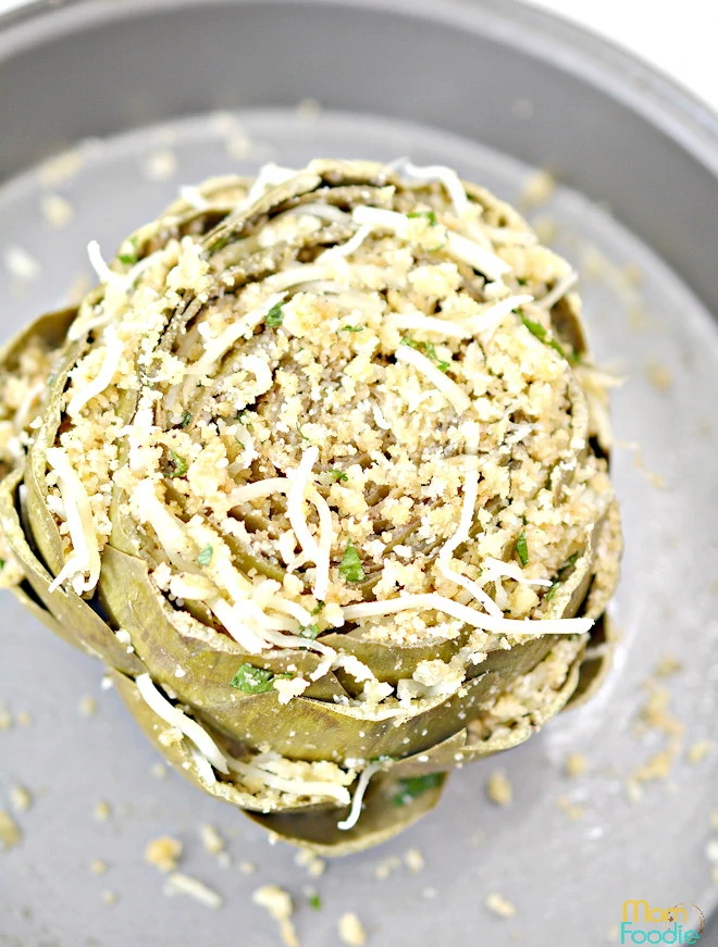 stuffed artichoke ready to bake