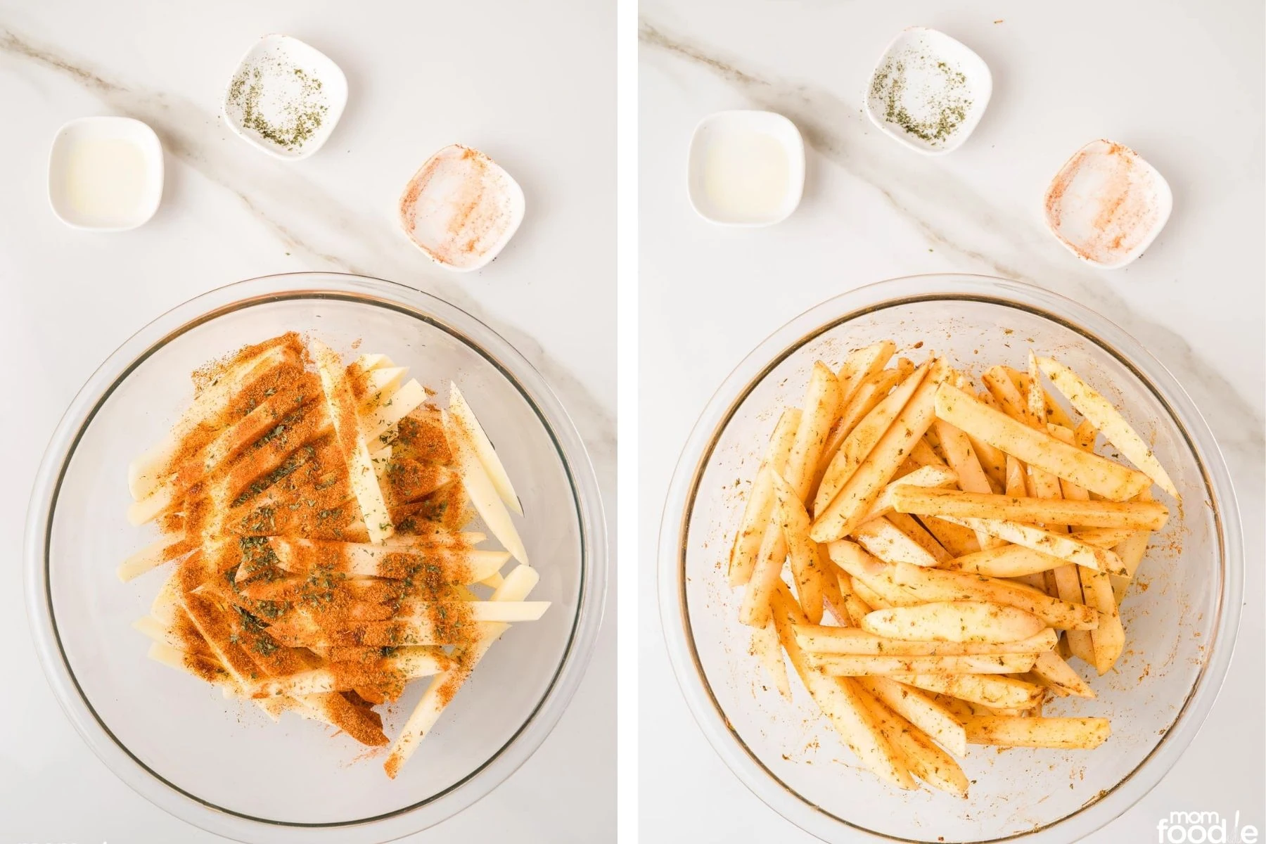 tossing the raw fries with oil oil and Cajun seasoning